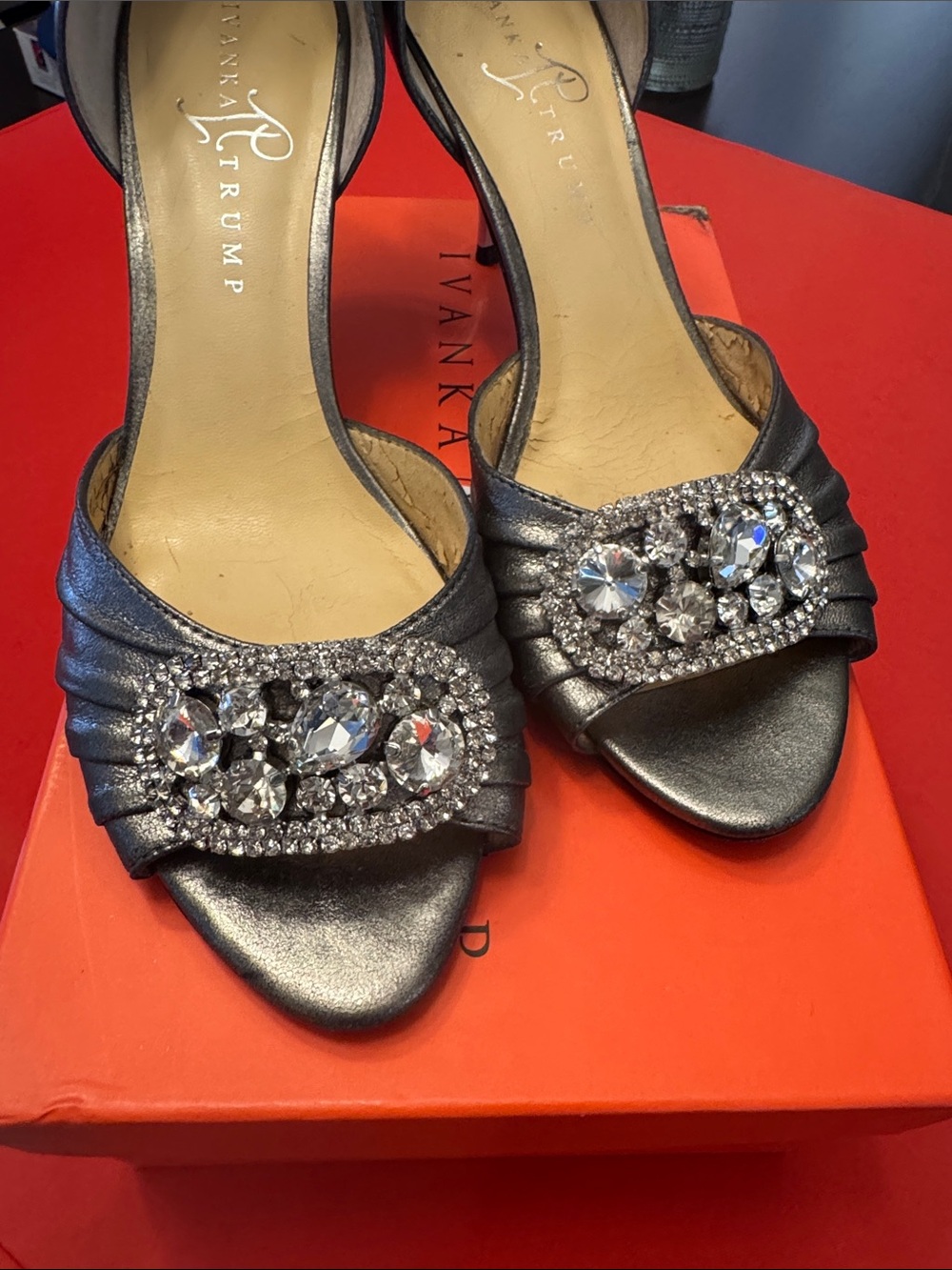 Ivanka Trump Gunmetal Crystal-Embellished Open-Toe Heels